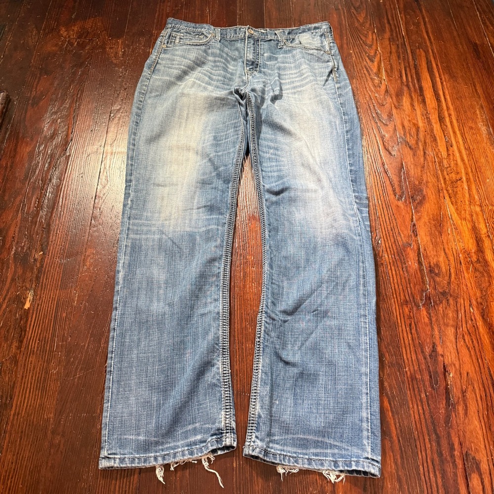 BKE Seth Jeans Men 38x35 Blue Straight Leg Distressed Contrast Stitch Stretch
